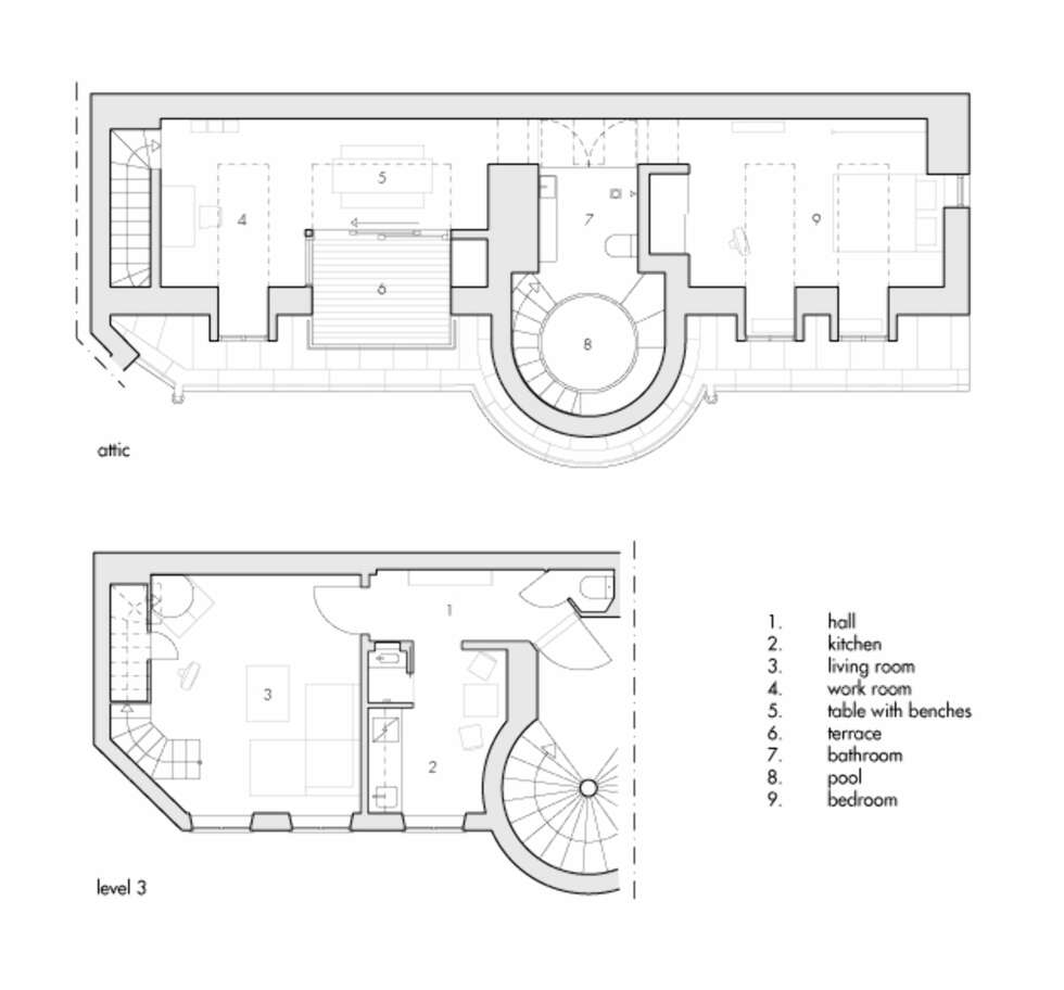 TO PLAN: Leiligheten går over to plan, med et sirkelrundt trappeløp som forbinder de to etasjene. TEGNING: Andreas Martin-Löf Arkitekter TO PLAN: Leiligheten går over to plan, med et sirkelrundt trappeløp som forbinder de to etasjene. TEGNING: Andreas Martin-Löf Arkitekter