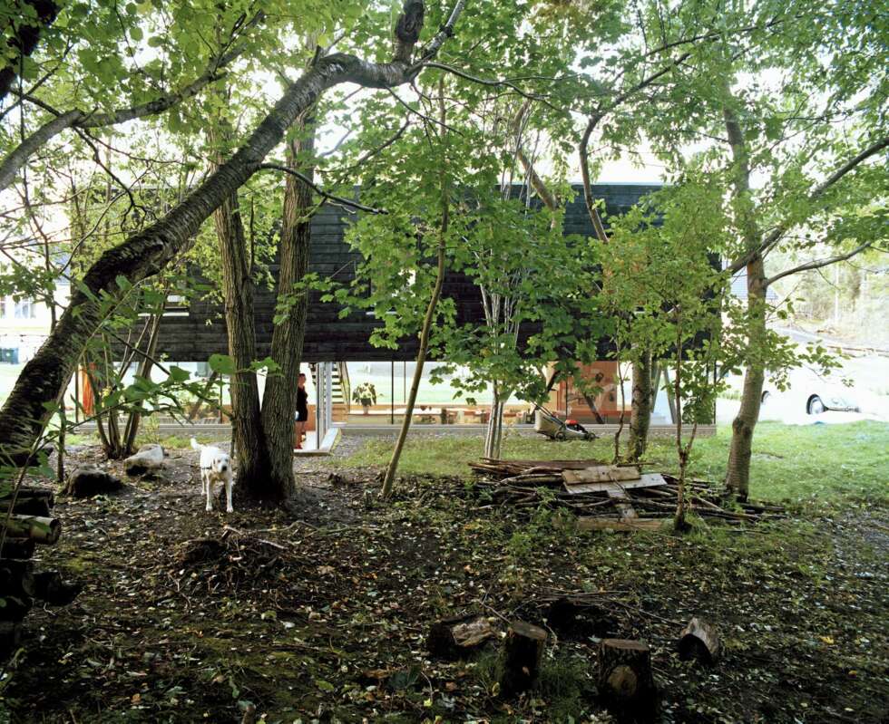 SAMSPILL MED NATUREN: Her ser du hvordan huset svever over bakken. Legg merke til hvor god kontakt huset har med skogen like ved. SAMSPILL MED NATUREN: Her ser du hvordan huset svever over bakken. Legg merke til hvor god kontakt huset har med skogen like ved.