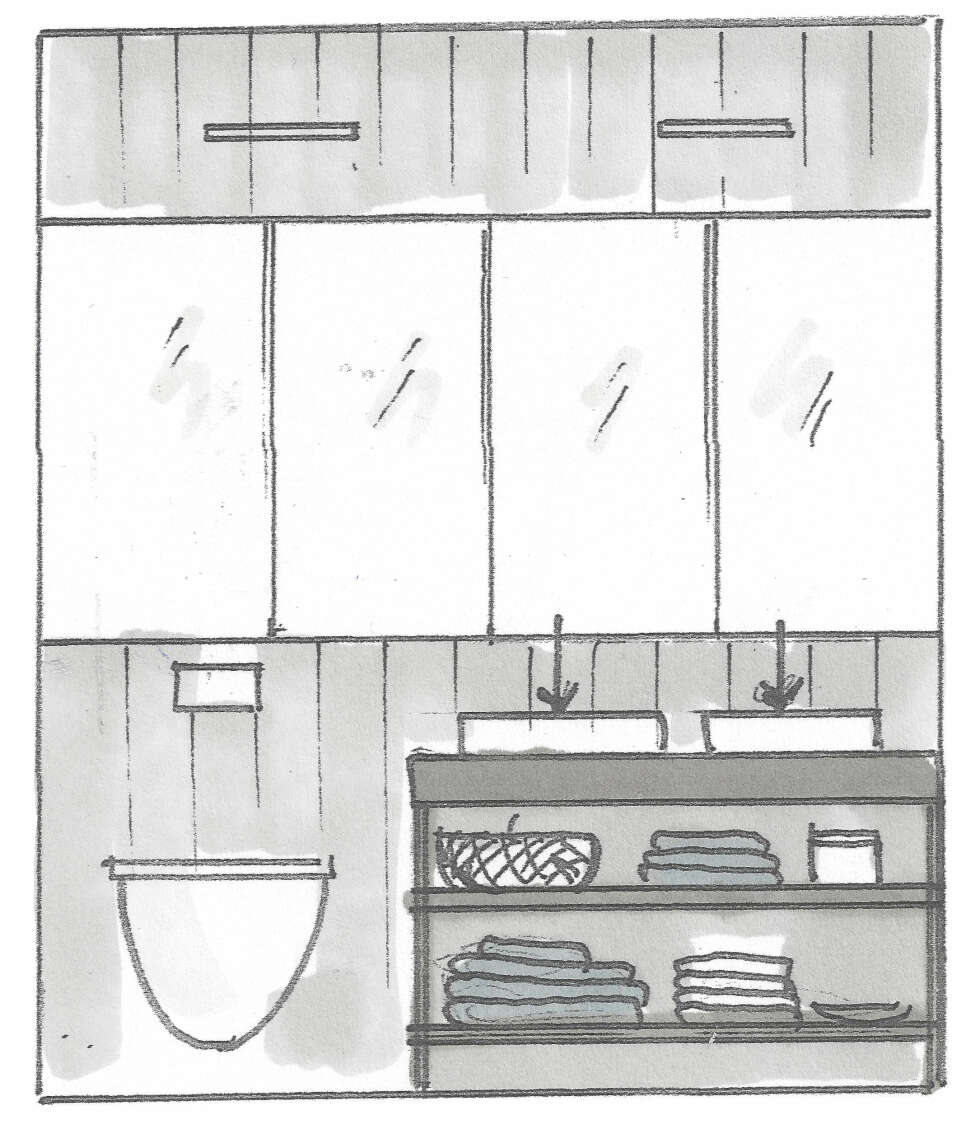 VARIANT: En variant til fliser i brystningshøyde er panel. Av rommets bredde på 200 cm er det satt av 80 cm til et klosett, de resterende 120 cm kan da benyttes til innredning.
1. Rustikk malt panel med vegghengt klosett og en innredning med åpne hyller gir et strammere preg i rommet. Speilskapene, som har dybde på mellom 20 og 25 cm, kan bygges inn i veggen hvis du planlegger for det. De gir rikelig med oppbevaring av toalettsaker og andre småsaker. Store speilflater gir alltid en fin romopplevelse, så det kan være lurt å dekke hele rommets bredde med speilskap om det går. Påse at belysningen ikke er i veien for dørene som skal kunne åpnes. De panelte veggene kan males om dersom du ønsker en annen fargeopplevelse,
VARIANT: En variant til fliser i brystningshøyde er panel. Av rommets bredde på 200 cm er det satt av 80 cm til et klosett, de resterende 120 cm kan da benyttes til innredning.
1. Rustikk malt panel med vegghengt klosett og en innredning med åpne hyller gir et strammere preg i rommet. Speilskapene, som har dybde på mellom 20 og 25 cm, kan bygges inn i veggen hvis du planlegger for det. De gir rikelig med oppbevaring av toalettsaker og andre småsaker. Store speilflater gir alltid en fin romopplevelse, så det kan være lurt å dekke hele rommets bredde med speilskap om det går. Påse at belysningen ikke er i veien for dørene som skal kunne åpnes. De panelte veggene kan males om dersom du ønsker en annen fargeopplevelse,
