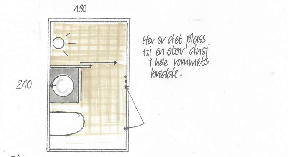 STOR DUSJ TIL LITE ROM: Dette rommet har fått en innredning på 50–60 cm bredde og en stor dusj. Noe av dusjens areal kan settes av til et høyskap til oppbevaring av vaskesaker/langkost dersom det er behov for det.
STOR DUSJ TIL LITE ROM: Dette rommet har fått en innredning på 50–60 cm bredde og en stor dusj. Noe av dusjens areal kan settes av til et høyskap til oppbevaring av vaskesaker/langkost dersom det er behov for det.