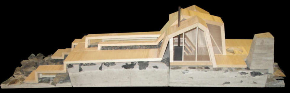 TEGNING: Modell av badstuen. TEGNING: Modell av badstuen.