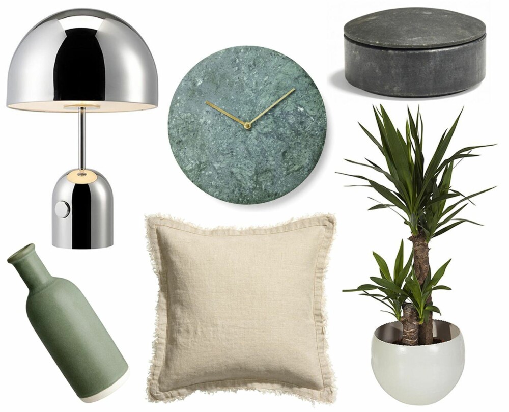 VÅRTRENDER: Øverst fra venstre: Bell Table Light fra Tom Dixon, kr 5199. Marble Wall Clock Grønn fra Menu kr 1999. Lens box Marble Black fra HAY, kr 479. Keramikkvase fra H&M, kr 79,50. Putetrekk i lin fra H&M, kr 99. Yucca-palme fra Mester Grønn, kr 350. VÅRTRENDER: Øverst fra venstre: Bell Table Light fra Tom Dixon, kr 5199. Marble Wall Clock Grønn fra Menu kr 1999. Lens box Marble Black fra HAY, kr 479. Keramikkvase fra H&M, kr 79,50. Putetrekk i lin fra H&M, kr 99. Yucca-palme fra Mester Grønn, kr 350.