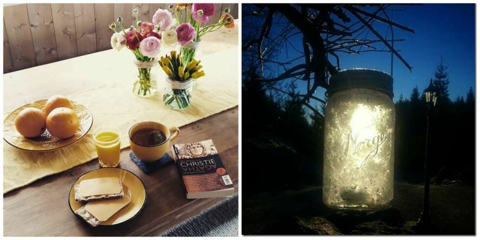 LYKT OG VASE: Til venstre har instagrammer @mallema brukt tre Norgesglass som blomstervaser, mens Nancy Håbesland har brukt Norgesglasset som lyslykt. LYKT OG VASE: Til venstre har instagrammer @mallema brukt tre Norgesglass som blomstervaser, mens Nancy Håbesland har brukt Norgesglasset som lyslykt.