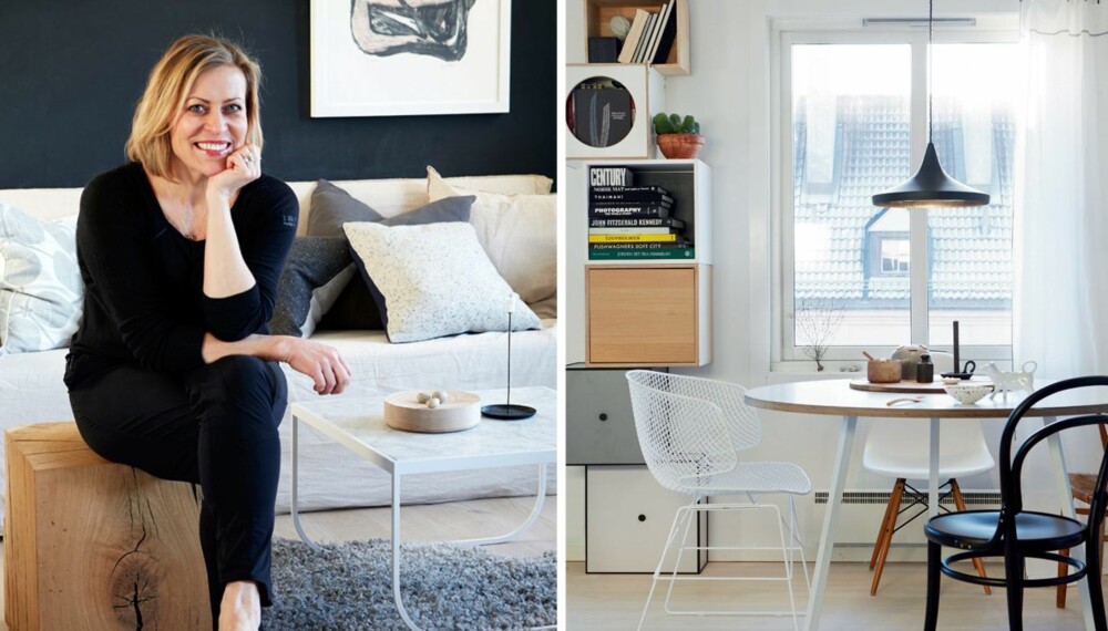 HYBRID STIL: 1. Birgitta Roald liker å blande ny og eldre design. Her sitter hun på en rustikk krakk fra Hole Design. 2. Stuens gulv er i heltre eik og er fra Boen. Det er oljet og tilført lyse pigmenter. Det runde spisebordet er fra Hay, og rundt det har Birgitta plassert ulike stoler. Den svarte stolen er fra Thonet, og er kjøpt på Bolina. Den hvite metallstolen Arkys er kjøpt på Kollekted By. Vintagestolen med flettet sete er fra Børge Mogensen, rundt bordet står også en hvit Eames-stol. Lampen er fra Tom Dixon, og lette gardiner montert med klyper på wire er fra Norrgavel. HYBRID STIL: 1. Birgitta Roald liker å blande ny og eldre design. Her sitter hun på en rustikk krakk fra Hole Design. 2. Stuens gulv er i heltre eik og er fra Boen. Det er oljet og tilført lyse pigmenter. Det runde spisebordet er fra Hay, og rundt det har Birgitta plassert ulike stoler. Den svarte stolen er fra Thonet, og er kjøpt på Bolina. Den hvite metallstolen Arkys er kjøpt på Kollekted By. Vintagestolen med flettet sete er fra Børge Mogensen, rundt bordet står også en hvit Eames-stol. Lampen er fra Tom Dixon, og lette gardiner montert med klyper på wire er fra Norrgavel.