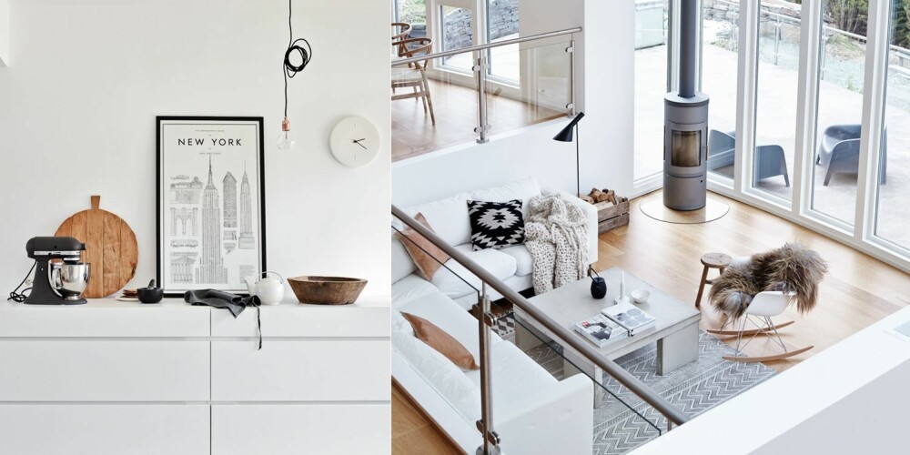 HØYT UNDER TAKET: Venstre: Fra kjøkkenet ser en ned på stuekroken. På det høyeste er det 4,5 meter under taket i huset. Sofaen er fra Ikea, betongbordet er fra Gro Sævik/X-PO Design, teppet er fra House Doctor, vedovnen fra Westfire, pendellampen fra Flos, gyngestolen fra Vitra, og stålampen AJ er fra Louis Poulsen. Høyre: På kjøkkenets anretning er en svart Kitchen Aid en fin kontrast til den rustikke, runde fjølen fra HK Living. Plakaten er fra artilleriet.se, den store trebollen er fra Anouska, og lampen er Framas Diamond Light. HØYT UNDER TAKET: Venstre: Fra kjøkkenet ser en ned på stuekroken. På det høyeste er det 4,5 meter under taket i huset. Sofaen er fra Ikea, betongbordet er fra Gro Sævik/X-PO Design, teppet er fra House Doctor, vedovnen fra Westfire, pendellampen fra Flos, gyngestolen fra Vitra, og stålampen AJ er fra Louis Poulsen. Høyre: På kjøkkenets anretning er en svart Kitchen Aid en fin kontrast til den rustikke, runde fjølen fra HK Living. Plakaten er fra artilleriet.se, den store trebollen er fra Anouska, og lampen er Framas Diamond Light.