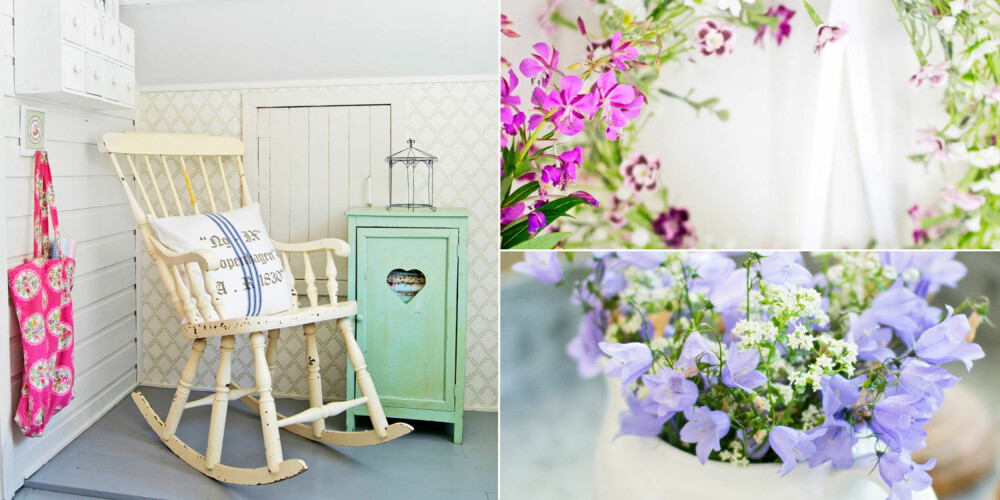 HUS VED SJØEN: En lys base og møbler i forskjellige pastellfarger gir sommerstemning hele året oppe på inspirasjonsrommet. En liten blomsterkrans på en knagg gir ekstra sommerstemning i huset som er innredet i Slettnes særegne sommerhus-stil. En frodig bukett av blåklokker, som Slettnes har plukket, pynter opp på sinkbordet i stua. HUS VED SJØEN: En lys base og møbler i forskjellige pastellfarger gir sommerstemning hele året oppe på inspirasjonsrommet. En liten blomsterkrans på en knagg gir ekstra sommerstemning i huset som er innredet i Slettnes særegne sommerhus-stil. En frodig bukett av blåklokker, som Slettnes har plukket, pynter opp på sinkbordet i stua.