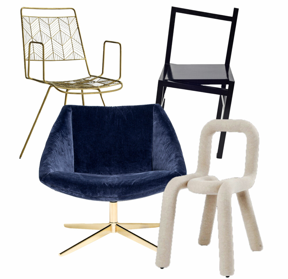 STOLER: Gullstol fra Madam Stolt, kr 1325. Sort stol fra Frama, kr 4899. Lenestol i fløyel fra Bloomingville, kr 9499. «Bold»-stol i beige fra Moustache/Milla Boutique, kr 4499. STOLER: Gullstol fra Madam Stolt, kr 1325. Sort stol fra Frama, kr 4899. Lenestol i fløyel fra Bloomingville, kr 9499. «Bold»-stol i beige fra Moustache/Milla Boutique, kr 4499.