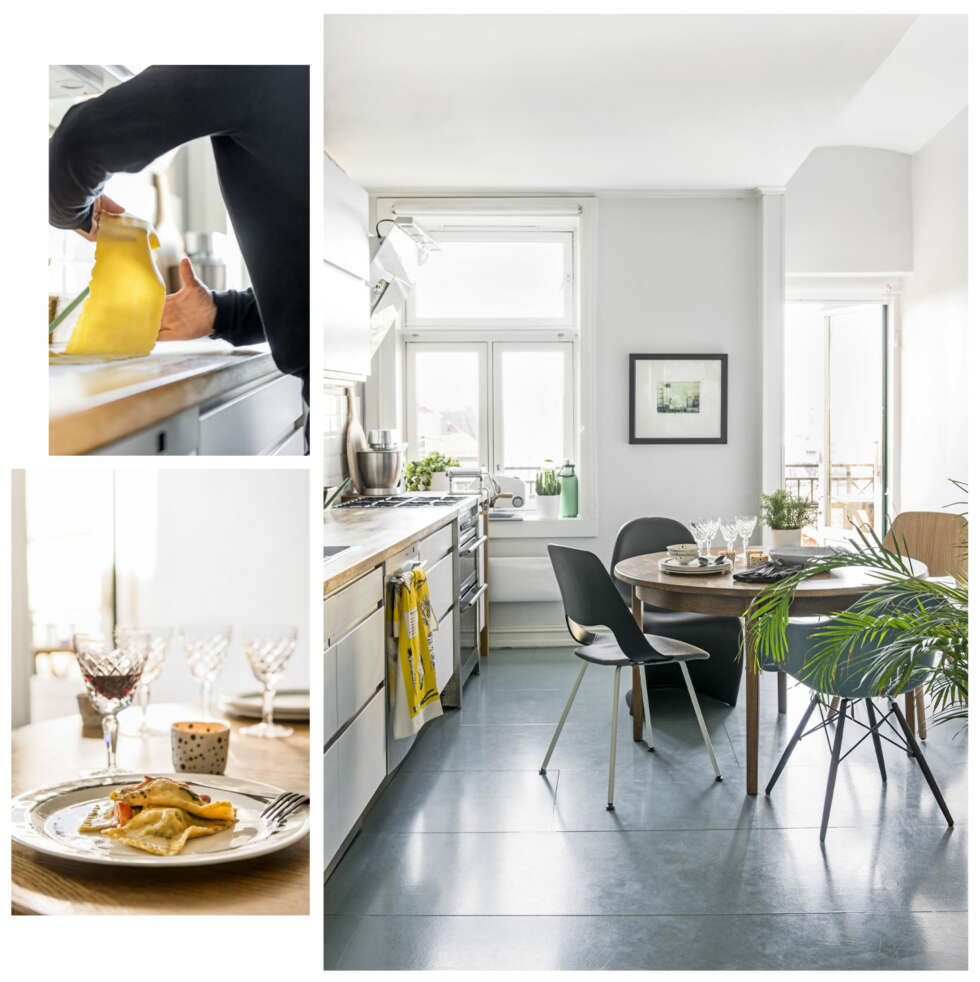 ALT PÅ ET PLAN: Kjøkkenet er standard fra Ikea men benkeplaten er spesialtilpasset med ti cm ekstra dybde. Rundt det runde bordet, som er kjøpt brukt, er det en miks av stoler fra Verner Panton, Charles & Ray Eames og Bolia. – Bordet har ileggsplater.
ALT PÅ ET PLAN: Kjøkkenet er standard fra Ikea men benkeplaten er spesialtilpasset med ti cm ekstra dybde. Rundt det runde bordet, som er kjøpt brukt, er det en miks av stoler fra Verner Panton, Charles & Ray Eames og Bolia. – Bordet har ileggsplater.