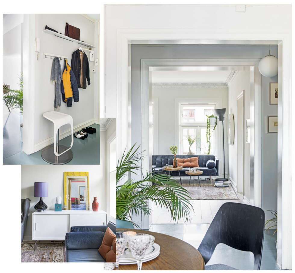 FIN AKSE: Her får du et blikk inn fra kjøkkenet mot stuen. Fra sofaen i stuen har man fri sikt inn mot kjøkkenet og videre ut gjennom vinduet. Sofaen kommer fra Bohus, putene er fra Hay og de to bordene av mangotre er fra danske Mater. Både gulvteppet, stålampen og det runde speilet kommer fra Eske Interiør. FIN AKSE: Her får du et blikk inn fra kjøkkenet mot stuen. Fra sofaen i stuen har man fri sikt inn mot kjøkkenet og videre ut gjennom vinduet. Sofaen kommer fra Bohus, putene er fra Hay og de to bordene av mangotre er fra danske Mater. Både gulvteppet, stålampen og det runde speilet kommer fra Eske Interiør.