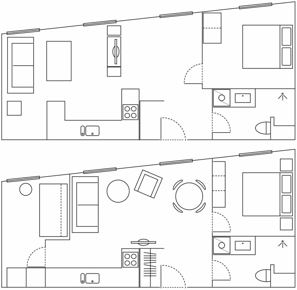 FØR ØVERST, ETTER NEDERST: Plantegning av Bernt Pedersens leilighet i Tønsberg før og etter redesign. FØR ØVERST, ETTER NEDERST: Plantegning av Bernt Pedersens leilighet i Tønsberg før og etter redesign.