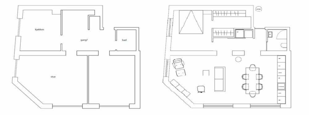 NY PLAN, BEDRE FLYT: Veggen mellom det tidligere soverommet og stuen ble revet, og det nye arealet ble til ett stort allrom. Soverom og garderobe ble lagt i den ene enden av leiligheten, og gangen ble tydeligere definert. Før gikk gang og spisekrok nærmest i ett. NY PLAN, BEDRE FLYT: Veggen mellom det tidligere soverommet og stuen ble revet, og det nye arealet ble til ett stort allrom. Soverom og garderobe ble lagt i den ene enden av leiligheten, og gangen ble tydeligere definert. Før gikk gang og spisekrok nærmest i ett.