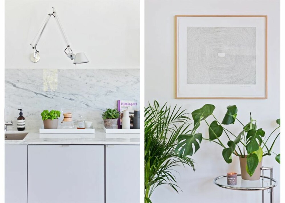GODT MATERIALVALG: Fargepaletten er begrenset, men uttrykket er alt annet enn kjedelig. Ulike overflater og materialer sørger for variasjon. Vegglampen Tolomeo er fra Artemide, kjøkkenet er fra Ikea, og sprutsonen og benkeplaten er av den lekreste Carrara-marmor. For å gjøre marmoren mer motstandsdyktig mot flekker er den satt inn med olje og polert. De hvite metallbrettene er fra Hay og salt- og pepperbøssene er fra Menu. GODT MATERIALVALG: Fargepaletten er begrenset, men uttrykket er alt annet enn kjedelig. Ulike overflater og materialer sørger for variasjon. Vegglampen Tolomeo er fra Artemide, kjøkkenet er fra Ikea, og sprutsonen og benkeplaten er av den lekreste Carrara-marmor. For å gjøre marmoren mer motstandsdyktig mot flekker er den satt inn med olje og polert. De hvite metallbrettene er fra Hay og salt- og pepperbøssene er fra Menu.