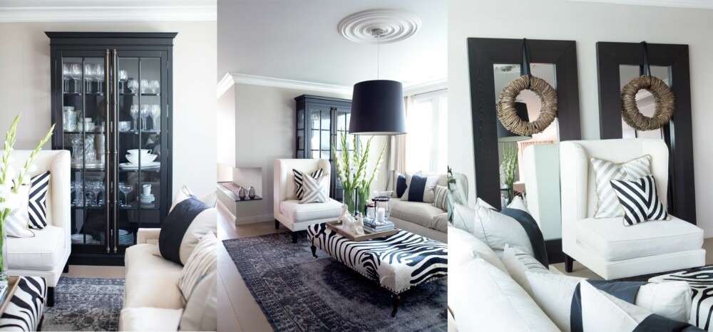 STUEN: Den hvite lenestolen er av merket La Fibule og blir ofte brukt som hotellmøbel. De beige sofaene er fra Andrew Martin. Puff i sebraskinn fra interiørbutikken The One i Dubai. Alle puter er egendesignet; både disse, stolen og teppet selges gjennom Governato Design. Figur i hvit sten er kjøpt på Vestkantorget i Oslo. I boligen er det alltid tente duftlys og friske blomster; to av Angelas must-haves. I det sorte vitrine-skapet står en samling krystallglass. - Jeg er veldig glad i Waterford krystall og samler på glass og karafler herfra, sier hun. STUEN: Den hvite lenestolen er av merket La Fibule og blir ofte brukt som hotellmøbel. De beige sofaene er fra Andrew Martin. Puff i sebraskinn fra interiørbutikken The One i Dubai. Alle puter er egendesignet; både disse, stolen og teppet selges gjennom Governato Design. Figur i hvit sten er kjøpt på Vestkantorget i Oslo. I boligen er det alltid tente duftlys og friske blomster; to av Angelas must-haves. I det sorte vitrine-skapet står en samling krystallglass. - Jeg er veldig glad i Waterford krystall og samler på glass og karafler herfra, sier hun.