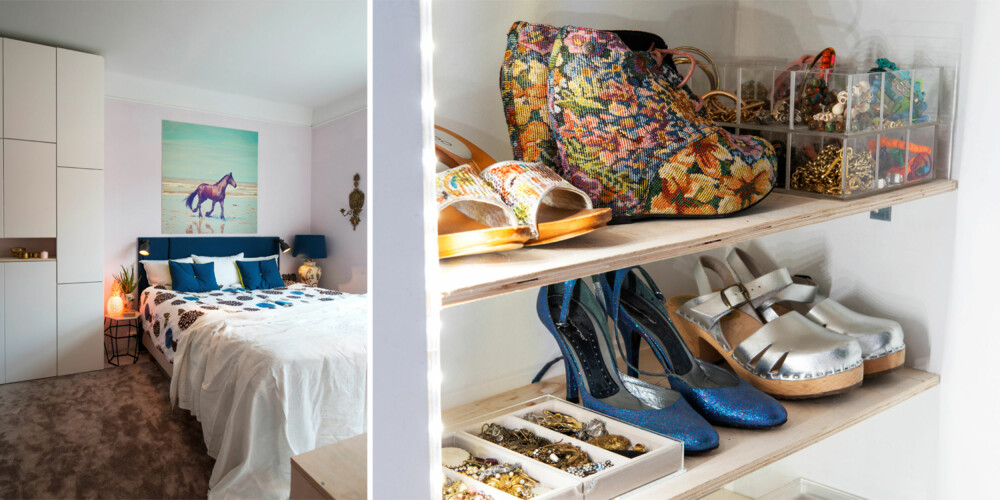 LEKNE LØSNINGER: Bildet er trykket på en 5 mm tykk plate, forex, fra Copycat. Den veier så lite at den er hengt opp med borrelås. Skapveggen er satt sammen av moduler fra Ikea. Legg merke til at Lundqvist har brutt opp linjene og lagt inn en nisje for å unngå at veggen skal bli for statisk og massiv. Teppet var en rest fra et jobbprosjekt, og skulle egentlig kastes. Lysestaken er kjøpt på et loppemarked, og den mønstrete lampen stammer fra Lundqvists barndomshjem. Heksagon-bordet er fra Bolia, og ananaslampen er fra den lokale butikken Konstabel på Torshov. Sengegavlen har Lundqvist laget selv. LEKNE LØSNINGER: Bildet er trykket på en 5 mm tykk plate, forex, fra Copycat. Den veier så lite at den er hengt opp med borrelås. Skapveggen er satt sammen av moduler fra Ikea. Legg merke til at Lundqvist har brutt opp linjene og lagt inn en nisje for å unngå at veggen skal bli for statisk og massiv. Teppet var en rest fra et jobbprosjekt, og skulle egentlig kastes. Lysestaken er kjøpt på et loppemarked, og den mønstrete lampen stammer fra Lundqvists barndomshjem. Heksagon-bordet er fra Bolia, og ananaslampen er fra den lokale butikken Konstabel på Torshov. Sengegavlen har Lundqvist laget selv.