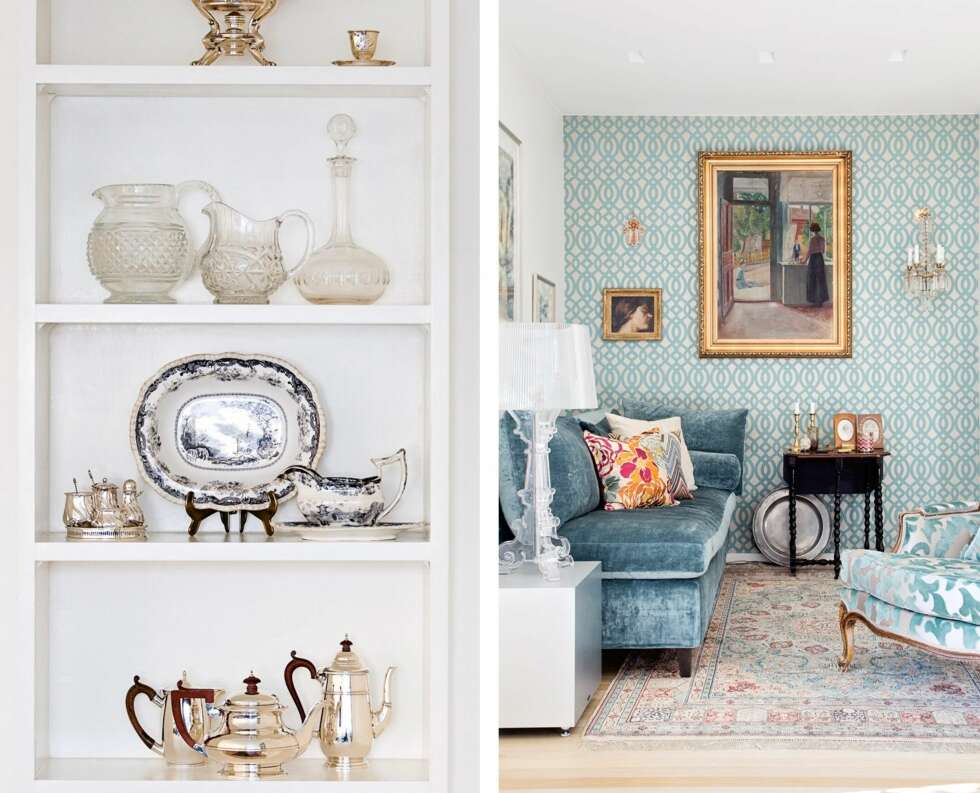 ARVESTYKKER: På kjøkkenet ble det laget en integrert hylle der flotte arvestykker får stå på stas. BLÅ STUE: Sjeselongen fra Fogia er trukket i stoff fra Designers Guild, med puter fra Missoni Home. Maleriene og lyskronen på veggen er familieklenodier som gir en fin kontrast
til tapetet fra Osborn & Little. Gulvteppet ble kjøpt på en reise i Istanbul, mens lenestolen fra Andrew Martin er trukket i stoff fra Designers Guild. ARVESTYKKER: På kjøkkenet ble det laget en integrert hylle der flotte arvestykker får stå på stas. BLÅ STUE: Sjeselongen fra Fogia er trukket i stoff fra Designers Guild, med puter fra Missoni Home. Maleriene og lyskronen på veggen er familieklenodier som gir en fin kontrast
til tapetet fra Osborn & Little. Gulvteppet ble kjøpt på en reise i Istanbul, mens lenestolen fra Andrew Martin er trukket i stoff fra Designers Guild.
