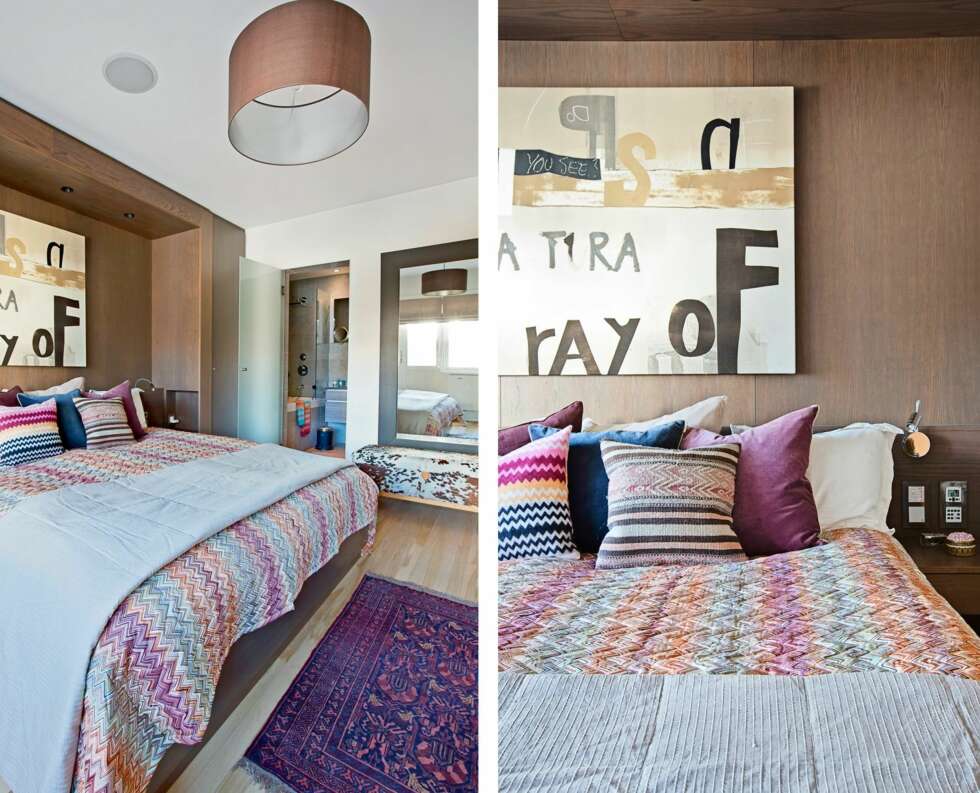 SOVEROM: Sengeteppet og putene er fra Missoni Home. Gavlveggen bak sengen er laget av Tre-verk-Stedet. Den gir rommet karakter og en følelse av å sove på et hotell. Fra soverommet er det direkte inngang til ett av husets tre bad. I nisjen over sengen henger
et maleri av Magne Furuholmen. SOVEROM: Sengeteppet og putene er fra Missoni Home. Gavlveggen bak sengen er laget av Tre-verk-Stedet. Den gir rommet karakter og en følelse av å sove på et hotell. Fra soverommet er det direkte inngang til ett av husets tre bad. I nisjen over sengen henger
et maleri av Magne Furuholmen.