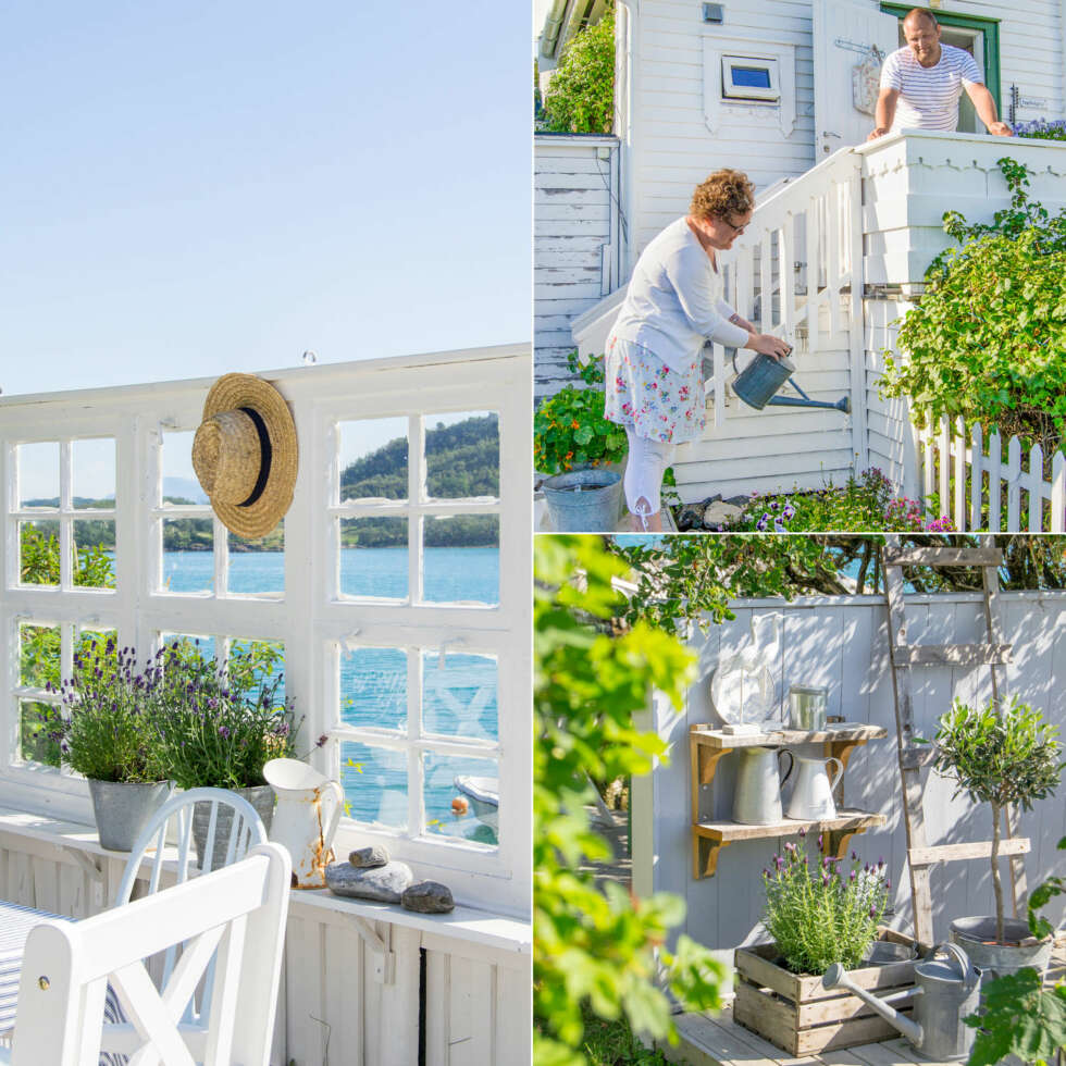 HAGE VED SJØEN: Med stor egeninnsats har de bygget lysthus og uteplasser som de har innredet med sommerlette tekstiler og mengder av blomster i krukker og kar. HAGE VED SJØEN: Med stor egeninnsats har de bygget lysthus og uteplasser som de har innredet med sommerlette tekstiler og mengder av blomster i krukker og kar.