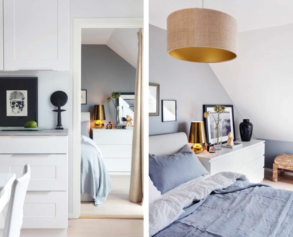 KORT VEI: Hovedsoverommet ligger rett bak kjøkkenet, og veggene er malt i fargen Manor House Gray fra Farrow & Ball. Gardinene i råsilke er blitt sydd om flere ganger. Bildet til venstre på kjøkkenbenken er signert John Andre Hanøy,
mens skulpturen er kjøpt i Sør-Afrika.
SELVGJORT: Taklampen er i samme stoff som gardinene. Ruths design har sydd den. Sengen er fra Dux, mens sengeteppet er fra Society/Eske. På den lave Malm-kommoden fra Ikea står en Kartell-lampe og et fotografi signert Mona Næss, som er ett av en serie på tre. Den lave benken ble spesialdesignet av Mill House til et tidligere hjem. KORT VEI: Hovedsoverommet ligger rett bak kjøkkenet, og veggene er malt i fargen Manor House Gray fra Farrow & Ball. Gardinene i råsilke er blitt sydd om flere ganger. Bildet til venstre på kjøkkenbenken er signert John Andre Hanøy,
mens skulpturen er kjøpt i Sør-Afrika.
SELVGJORT: Taklampen er i samme stoff som gardinene. Ruths design har sydd den. Sengen er fra Dux, mens sengeteppet er fra Society/Eske. På den lave Malm-kommoden fra Ikea står en Kartell-lampe og et fotografi signert Mona Næss, som er ett av en serie på tre. Den lave benken ble spesialdesignet av Mill House til et tidligere hjem.