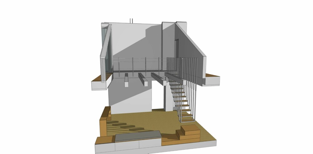 Snittet viser trappen opp fra første etasje og opp til den smale gangbroen som binder de to delene av råloftet sammen. (ILLUSTRASON: Haptic Architects) Snittet viser trappen opp fra første etasje og opp til den smale gangbroen som binder de to delene av råloftet sammen. (ILLUSTRASON: Haptic Architects)