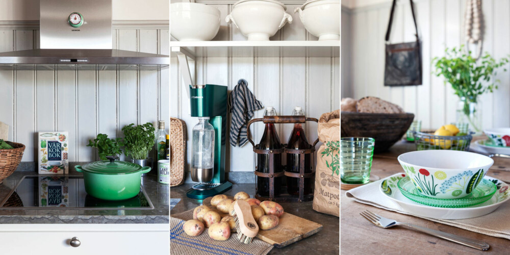 FARGERIKT: Venstre: Den sommerlig grønne støpejernsgryten fra Le Creuset, og klokken fra Dulton i samme farge, er forfriskende innslag. Midten: Paret måtte vente et halvt år for å få en tilstrekkelig lang benkeplate av kalkstein. Fire sterke personer trengtes for å få den opp til kjøkkenet, men det var strevet verdt. Høyre: Skap en følelse av sommereng på bordet med blomstrete porselen fra Servera/Trollhättan. Glassfatene er fra Iittala, tallerken og skål fra Rörstrand og bestikket fra Hardanger Bestikk. FARGERIKT: Venstre: Den sommerlig grønne støpejernsgryten fra Le Creuset, og klokken fra Dulton i samme farge, er forfriskende innslag. Midten: Paret måtte vente et halvt år for å få en tilstrekkelig lang benkeplate av kalkstein. Fire sterke personer trengtes for å få den opp til kjøkkenet, men det var strevet verdt. Høyre: Skap en følelse av sommereng på bordet med blomstrete porselen fra Servera/Trollhättan. Glassfatene er fra Iittala, tallerken og skål fra Rörstrand og bestikket fra Hardanger Bestikk.