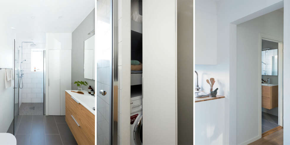 DUSJ I DAGSLYS: 1. Det gamle dusjkabinettet ble fjernet, og det ble bygget et dusjhjørne ved vinduet. Gulvflisene Trend Grey og veggflisene Trend Glossy
er fra Bergersen Flis.
2. Vaskemaskinen og varmtvannstanken er gjemt bak et plassbygd skap, laget av møbelsnekker. Her er det også plass til håndklær, vaskemidler og lignende.
3. Veien fra kjøkkenet til badet går via entreen, og er blitt litt kortere etter at badets kortvegg er trukket litt ut. DUSJ I DAGSLYS: 1. Det gamle dusjkabinettet ble fjernet, og det ble bygget et dusjhjørne ved vinduet. Gulvflisene Trend Grey og veggflisene Trend Glossy
er fra Bergersen Flis.
2. Vaskemaskinen og varmtvannstanken er gjemt bak et plassbygd skap, laget av møbelsnekker. Her er det også plass til håndklær, vaskemidler og lignende.
3. Veien fra kjøkkenet til badet går via entreen, og er blitt litt kortere etter at badets kortvegg er trukket litt ut.