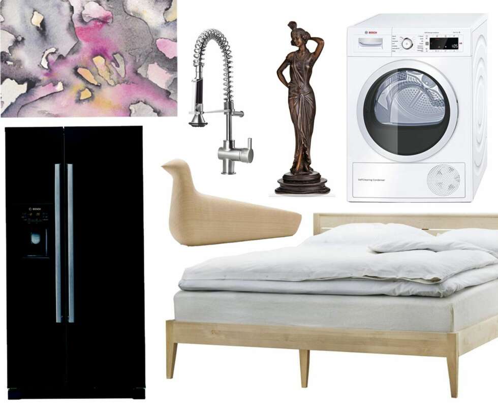 BRUK PENGER PÅ DETTE: Fra venstre, øverst: Kunstverk «Cosmorama), 70 x 100 cm, kr 1399 (Room21). Hjuvik blandebatteri med dusj til kjøkken, kr 1495 (Ikea). Skulturen «Stående kvinne» av Louis Chalon er 33 cm høy og har vurdert verdi mellom 8000 og 12000 kr (Blomquist). Bosch kondenstrommel, kr 7999 (Whiteaway). Fra venstre, nederst: Bosch Side-by-Side kombiskap, kr 12 695 (Elkjøp). L’Oiseau trefugl, kr 1000 (Vitra). Lav sengeramme til madrass på 180 cm, kr 12 500 (Norrgavel). BRUK PENGER PÅ DETTE: Fra venstre, øverst: Kunstverk «Cosmorama), 70 x 100 cm, kr 1399 (Room21). Hjuvik blandebatteri med dusj til kjøkken, kr 1495 (Ikea). Skulturen «Stående kvinne» av Louis Chalon er 33 cm høy og har vurdert verdi mellom 8000 og 12000 kr (Blomquist). Bosch kondenstrommel, kr 7999 (Whiteaway). Fra venstre, nederst: Bosch Side-by-Side kombiskap, kr 12 695 (Elkjøp). L’Oiseau trefugl, kr 1000 (Vitra). Lav sengeramme til madrass på 180 cm, kr 12 500 (Norrgavel).