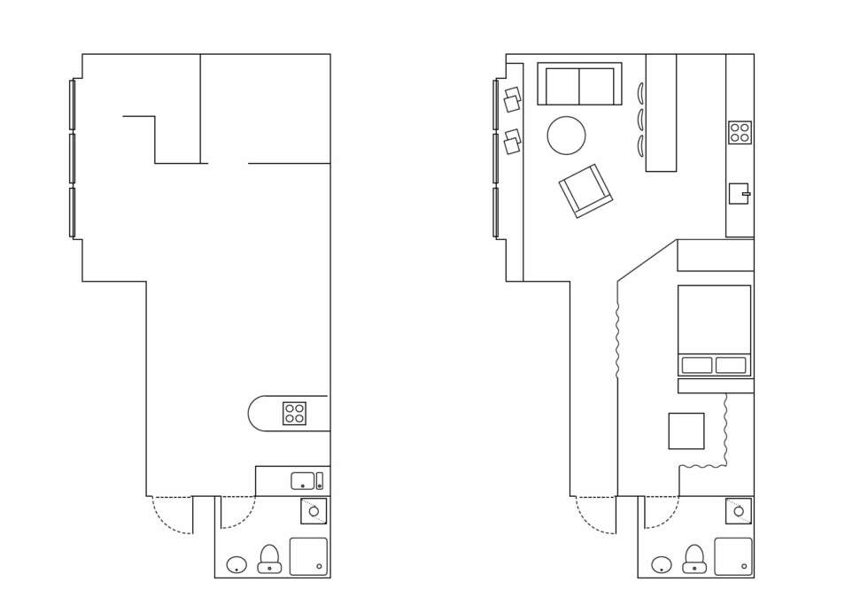 FØR OG ETTER: Kjøkken og stue er slått sammen til én stor sosial sone. Sovenisje, åpen garderobe og bad er lagt til en annen sone. Fra entreen kan man velge å ta til høyre og gå inn i privatsonen, eller fortsette rett frem, inn i stuen. FØR OG ETTER: Kjøkken og stue er slått sammen til én stor sosial sone. Sovenisje, åpen garderobe og bad er lagt til en annen sone. Fra entreen kan man velge å ta til høyre og gå inn i privatsonen, eller fortsette rett frem, inn i stuen.