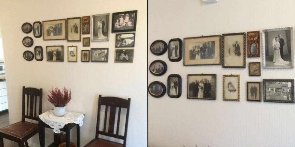 NOSTALGISK: For denne kunden valgte interiørkonsulent Hanne Worsøe å samle de antikke møblene og gamle familiebilder sammen, for å skape et nostalgisk hjørne i et ellers moderne hjem. Legg merke til at bildene, som er i forskjellige former og størrelser, utgjør et rektangel. Dermed ser veggen mer ryddig ut. NOSTALGISK: For denne kunden valgte interiørkonsulent Hanne Worsøe å samle de antikke møblene og gamle familiebilder sammen, for å skape et nostalgisk hjørne i et ellers moderne hjem. Legg merke til at bildene, som er i forskjellige former og størrelser, utgjør et rektangel. Dermed ser veggen mer ryddig ut.