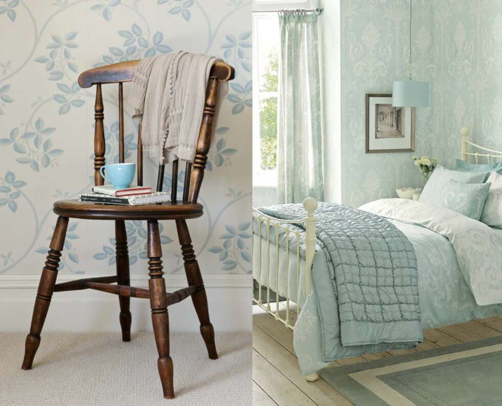 SOVEROMSINSPIRASJON: Bildet til venstre: Tapetet Ringwold fra Farrow & Ball, kr 1260 per rull. Bildet til høyre: Gardiner i stoffet Josette i fargen Duck egg kr 495 per meter. Tapetet heter det samme og koster kr 645. Gulvteppe kr 3200. Det øverste sengeteppet heter Coleton og koster kr 3995, mål 240 cm x 260 cm, farge Duck egg. Alt fra Laura Ashley. SOVEROMSINSPIRASJON: Bildet til venstre: Tapetet Ringwold fra Farrow & Ball, kr 1260 per rull. Bildet til høyre: Gardiner i stoffet Josette i fargen Duck egg kr 495 per meter. Tapetet heter det samme og koster kr 645. Gulvteppe kr 3200. Det øverste sengeteppet heter Coleton og koster kr 3995, mål 240 cm x 260 cm, farge Duck egg. Alt fra Laura Ashley.