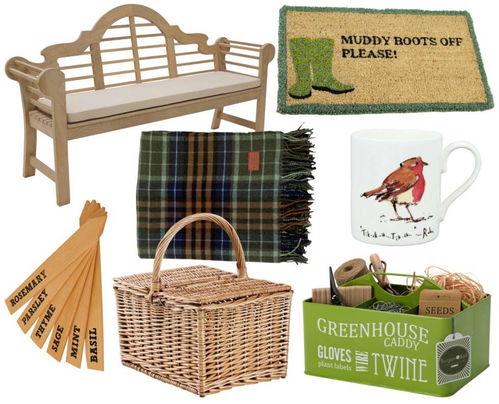 SHOPPINGTIPS: Øverst fra venstre: Utebenken Lutyens i teak fra Neptune, kr 7000. Dørmatte fra Laura Ashley, kr 345. Merkepinner fra Burgon & Ball, kr 95 for 5 stk. Rutete ullpledd fra Gant, kr 1550. Krus med fuglemotiv fra McLaggan Smith Mugs, kr 179. Piknikkurv fra Åhlens, kr 299. Praktisk kasse til hageutstyr fra Burgon & Ball, kr 299. SHOPPINGTIPS: Øverst fra venstre: Utebenken Lutyens i teak fra Neptune, kr 7000. Dørmatte fra Laura Ashley, kr 345. Merkepinner fra Burgon & Ball, kr 95 for 5 stk. Rutete ullpledd fra Gant, kr 1550. Krus med fuglemotiv fra McLaggan Smith Mugs, kr 179. Piknikkurv fra Åhlens, kr 299. Praktisk kasse til hageutstyr fra Burgon & Ball, kr 299.