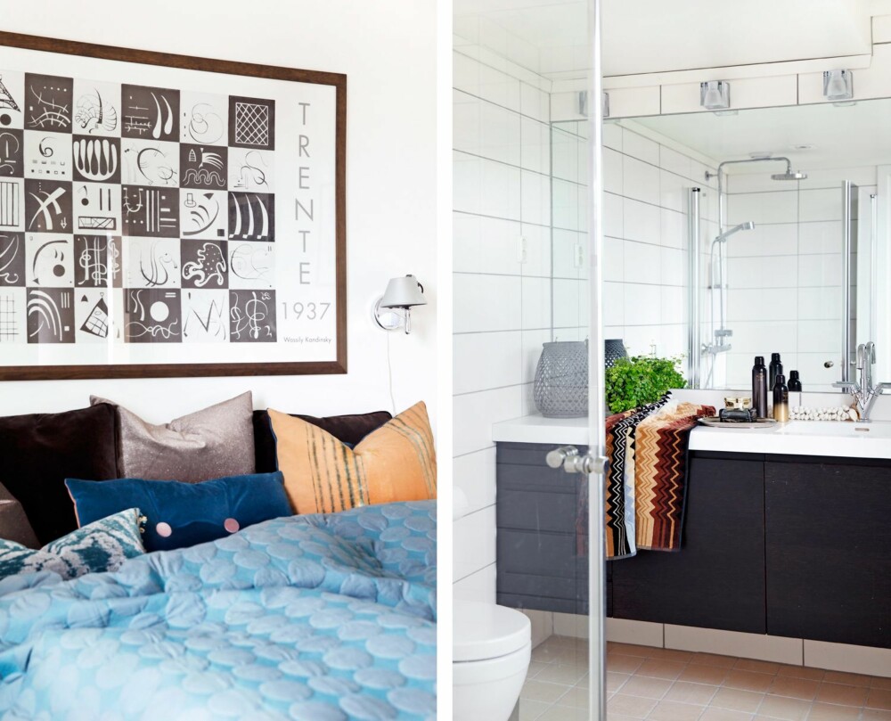 GAMMEL FAVORITT: På soverommet henger en innrammet plakat fra Ikea, kjøpt for mange år tilbake. Favoritten har fulgt med i flere boliger. Sengeteppe fra Hay, og puter fra Eske Interiør.
MØRKT EN GJENGANGER: Den mørke innredningen går igjen også på badet, fra Huseby. Håndklær fra Missoni, kurv til småting fra Anouska. GAMMEL FAVORITT: På soverommet henger en innrammet plakat fra Ikea, kjøpt for mange år tilbake. Favoritten har fulgt med i flere boliger. Sengeteppe fra Hay, og puter fra Eske Interiør.
MØRKT EN GJENGANGER: Den mørke innredningen går igjen også på badet, fra Huseby. Håndklær fra Missoni, kurv til småting fra Anouska.
