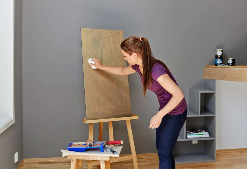 POSE: Bruk en sammenkrøllet pose til å fordele malingen utover. Som underlag er det brukt to strøk med Lady Pure Color 4625 Nordisk Hav, og deretter Lady Design 10510 Kobber effekt. POSE: Bruk en sammenkrøllet pose til å fordele malingen utover. Som underlag er det brukt to strøk med Lady Pure Color 4625 Nordisk Hav, og deretter Lady Design 10510 Kobber effekt.