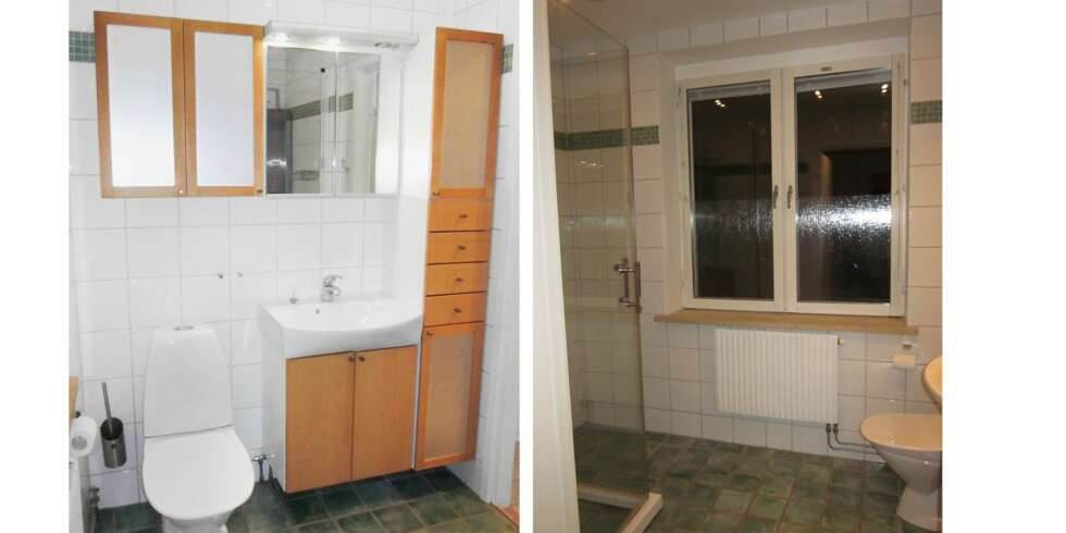 FØR: Badet på 4 kvadratmeter virket ekstra trangt med alle skapene i gulnet bøk. Paret var heller ikke begeistret for de gamle grønne og hvite flisene. FØR: Badet på 4 kvadratmeter virket ekstra trangt med alle skapene i gulnet bøk. Paret var heller ikke begeistret for de gamle grønne og hvite flisene.