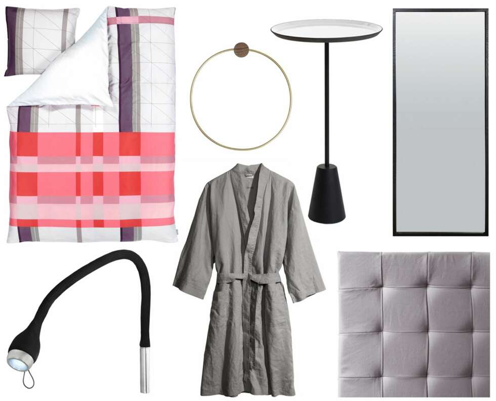 HOTELL PÅ SOVEROMMET: Fra venstre, øverst: Sengesettet sørger for aksenten, kr 600, hayshop.no. En ring av messing til håndklærne, kr 250, bolina.no. Spot Table, design Tom Dixon, kr 3100, hviit.no. Smal ramme gir stor speilflate, kr 5200, bolina.no. Fra venstre, nederst: Leselys med fokus på boken, Seed, Northern Lighting, festes til veggen, ca kr 2200, room21.no. Badekåpe i lin som matcher rommet, kr 300, fra HM Home, hm.com. Sengegavlen er et sentralt element, Bedboard Kit monteres på veggen. HOTELL PÅ SOVEROMMET: Fra venstre, øverst: Sengesettet sørger for aksenten, kr 600, hayshop.no. En ring av messing til håndklærne, kr 250, bolina.no. Spot Table, design Tom Dixon, kr 3100, hviit.no. Smal ramme gir stor speilflate, kr 5200, bolina.no. Fra venstre, nederst: Leselys med fokus på boken, Seed, Northern Lighting, festes til veggen, ca kr 2200, room21.no. Badekåpe i lin som matcher rommet, kr 300, fra HM Home, hm.com. Sengegavlen er et sentralt element, Bedboard Kit monteres på veggen.