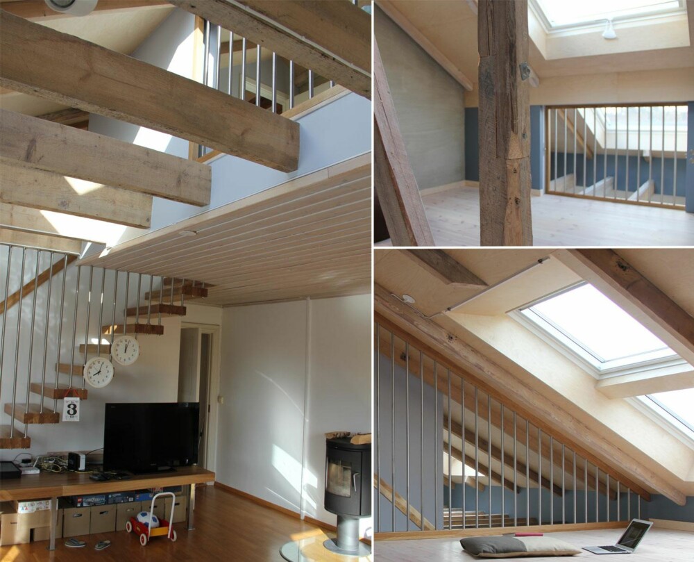 ÅPENT: Arkitektene skapte en åpning i gulvet som både utvider rommet under og sprer lyset fra takvinduene. FOTO: Austigard Arkitektur AS ÅPENT: Arkitektene skapte en åpning i gulvet som både utvider rommet under og sprer lyset fra takvinduene. FOTO: Austigard Arkitektur AS