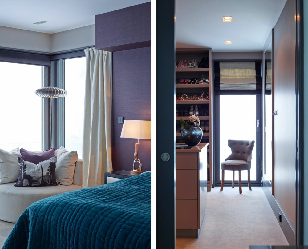 PRIVAT SONE: Himlingen over sengen er kledd med tapet fra Elitis, veggen er malt i fargen Ball Dove Tale fra Farrow & Ball. Daybed fra PH Collection, nattbordlampe fra Riis Interiør. Gardinene er sydd i røff lin. Delikat sengeteppe fra Blanc d´lvoire.
PRAKTISK: Fra soverommet går man rett inn i garderoben, et såkalt walk-in closet. Her er gulvet belagt med ullteppe fra Le Tisserand. All innredning er tegnet av Krista Hartmann og bygget av Roger Grønli i Grønli & Paixo Design og Møbler. PRIVAT SONE: Himlingen over sengen er kledd med tapet fra Elitis, veggen er malt i fargen Ball Dove Tale fra Farrow & Ball. Daybed fra PH Collection, nattbordlampe fra Riis Interiør. Gardinene er sydd i røff lin. Delikat sengeteppe fra Blanc d´lvoire.
PRAKTISK: Fra soverommet går man rett inn i garderoben, et såkalt walk-in closet. Her er gulvet belagt med ullteppe fra Le Tisserand. All innredning er tegnet av Krista Hartmann og bygget av Roger Grønli i Grønli & Paixo Design og Møbler.