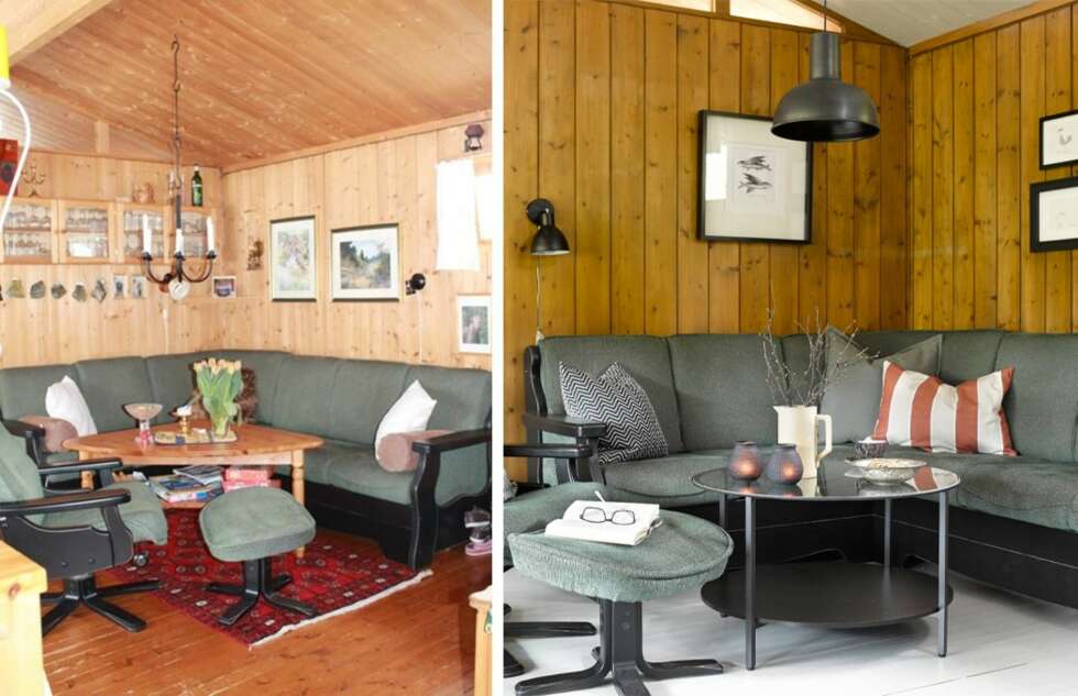 FØR OG ETTER: I stuen grodde vegger, gulv
og tak sammen. Den grønne sofaen la føringen for interiørdesignerens valg av ny fargepalett. Liss ønsket å beholde den grønne sofaen, som ble utgangspunktet for Sivs farge-palett. De gylne veggene gir stuen en varm glød, og røde detaljer frisker opp sofaen. Bordet er fra Ikea, og vegglampene er fra Christiania Belysning. FØR OG ETTER: I stuen grodde vegger, gulv
og tak sammen. Den grønne sofaen la føringen for interiørdesignerens valg av ny fargepalett. Liss ønsket å beholde den grønne sofaen, som ble utgangspunktet for Sivs farge-palett. De gylne veggene gir stuen en varm glød, og røde detaljer frisker opp sofaen. Bordet er fra Ikea, og vegglampene er fra Christiania Belysning.
