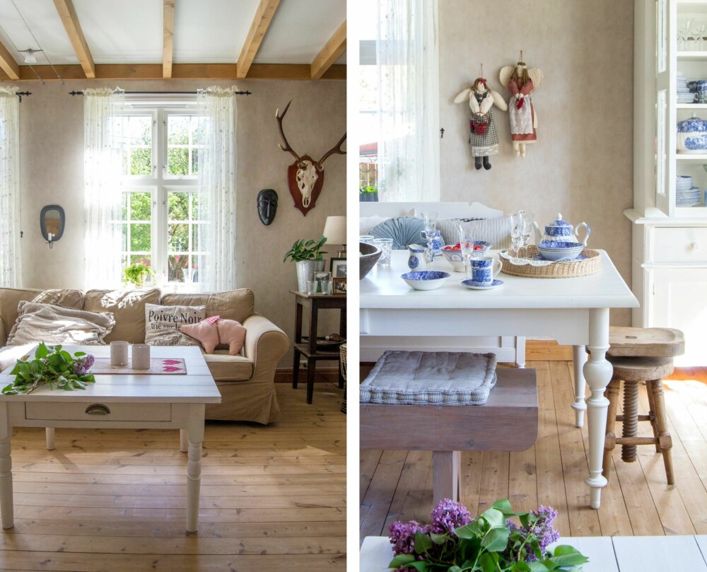DAGLIGSTUEN: I dagligstua står en sofa fra Ikea og et hvitt lite bord som passer godt til. Her er småting fra Sølvis egen butikk, og Torbjørns jakttrofé henger på veggen. Like ved kjøkkenet ligger dagligstua, her er det et stort og raust spisebord som Sølvi har laget sammen med sin far. DAGLIGSTUEN: I dagligstua står en sofa fra Ikea og et hvitt lite bord som passer godt til. Her er småting fra Sølvis egen butikk, og Torbjørns jakttrofé henger på veggen. Like ved kjøkkenet ligger dagligstua, her er det et stort og raust spisebord som Sølvi har laget sammen med sin far.