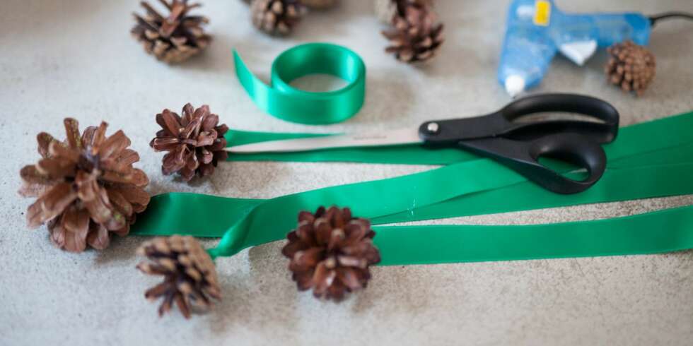 DU GRØNNE GLITRENDE: Silkebånd og kongler er alt som skal til for å lage en fin juledekorasjon som kan henges opp. DU GRØNNE GLITRENDE: Silkebånd og kongler er alt som skal til for å lage en fin juledekorasjon som kan henges opp.