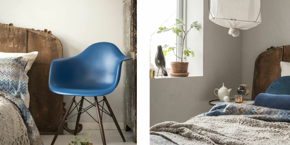 DUST OG DELIKAT: 1. Det meste på rommet til Tone er enten arvet eller kjøpt brukt. Det eneste unntaket er den blå Eames-stolen fra Vitra. 2. Sengegavlen er baksiden av et gammelt vintage-speil. Tone har det med baksiden frem nå, men når hun blir lei snur hun det gjerne rundt igjen. DUST OG DELIKAT: 1. Det meste på rommet til Tone er enten arvet eller kjøpt brukt. Det eneste unntaket er den blå Eames-stolen fra Vitra. 2. Sengegavlen er baksiden av et gammelt vintage-speil. Tone har det med baksiden frem nå, men når hun blir lei snur hun det gjerne rundt igjen.