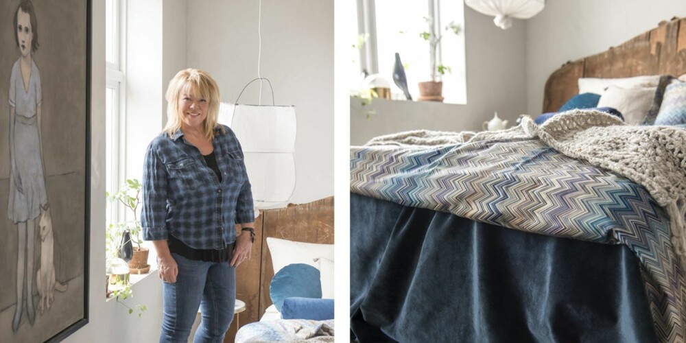JAKTER PÅ STEMNING: Interiørstylist Tone Kroken beskriver stilen sin som bohemsk. Interiøret er en tilfeldig samling av gjenstander hun har fått, arvet eller kjøpt brukt. Selv liker hun å skape en god stemning, noe hun gjør ved hjelp av tekstiler og en miks av materialer og farger. Maleriet er malt av Gøril Fuhr. 2.Tone har valgt lyse vegger, tak og gulv – og bryter heller med en sterk kontrastfarge. Akkurat nå er favorittfargen en mettet blåfarge, men preferansene endrer seg gjerne etter sesong, og da kan hun enkelt skifte ut både puter og småmøbler. Pleddet er fra Anouska, og taklampen er fra Bolina. JAKTER PÅ STEMNING: Interiørstylist Tone Kroken beskriver stilen sin som bohemsk. Interiøret er en tilfeldig samling av gjenstander hun har fått, arvet eller kjøpt brukt. Selv liker hun å skape en god stemning, noe hun gjør ved hjelp av tekstiler og en miks av materialer og farger. Maleriet er malt av Gøril Fuhr. 2.Tone har valgt lyse vegger, tak og gulv – og bryter heller med en sterk kontrastfarge. Akkurat nå er favorittfargen en mettet blåfarge, men preferansene endrer seg gjerne etter sesong, og da kan hun enkelt skifte ut både puter og småmøbler. Pleddet er fra Anouska, og taklampen er fra Bolina.