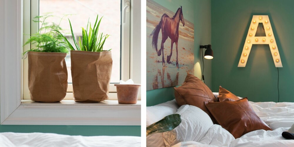 HJEMMESNEKRET: Planter i papir-potteskjulere fra Home & Cottage, står plassert i vinduskarmen. Plantene skaper liv i rommet. 2. Lampen formet som en A er laget av plywood. Det er skåret til og deretter malt. Lyspæresoklene er kjøpt på Clas Ohlson. Vegglampene er fra Ikea. Det hvite sengetøyet er fra Princess. Legg merke til hvordan fargene i rommet tas opp i bildet. Puter av lær og et lunt pledd er en spennende kontrast til det hvite. HJEMMESNEKRET: Planter i papir-potteskjulere fra Home & Cottage, står plassert i vinduskarmen. Plantene skaper liv i rommet. 2. Lampen formet som en A er laget av plywood. Det er skåret til og deretter malt. Lyspæresoklene er kjøpt på Clas Ohlson. Vegglampene er fra Ikea. Det hvite sengetøyet er fra Princess. Legg merke til hvordan fargene i rommet tas opp i bildet. Puter av lær og et lunt pledd er en spennende kontrast til det hvite.