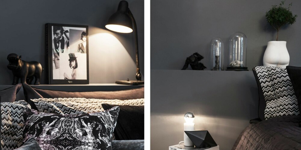 MØRK MYSTIKK: 1. Nattbordet med marmortopp er fra Bolia. Glasskuplene og marmorlampen er fra Milla Boutique. Det samme er vasen av en rumpe, den er designet av Jonathan Adler. Lekne innslag som dette kan gi ekstra hygge der du skal sove. Legg merke til den sjarmerende gorillaen. 2. På senge-gavlen er det gjort plass til dekor. Flodhesten er fra
Kremmerhuset. Boken og vintage-lampen er fra Milla Boutique. Den svarte og hvite puten i fløyel er fra Milla Boutique. MØRK MYSTIKK: 1. Nattbordet med marmortopp er fra Bolia. Glasskuplene og marmorlampen er fra Milla Boutique. Det samme er vasen av en rumpe, den er designet av Jonathan Adler. Lekne innslag som dette kan gi ekstra hygge der du skal sove. Legg merke til den sjarmerende gorillaen. 2. På senge-gavlen er det gjort plass til dekor. Flodhesten er fra
Kremmerhuset. Boken og vintage-lampen er fra Milla Boutique. Den svarte og hvite puten i fløyel er fra Milla Boutique.