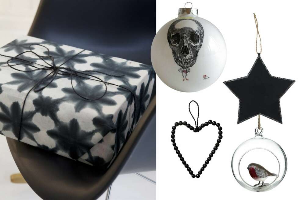 Gavepapir, 70 x 100 cm, kr 29 pr. ark og sort hyssing, kr 39, begge fra Bolina, porselenskule med kunst av Hin, I´m no Angel, kr 190, ø 9 cm, reikokaneko.co.uk, metallstjerne med tavlemaling, 27 cm (inkl oppheng), kr 40, Kid Interiør, hjerte i treperler, 25 cm høyt, kr 89, Bloomingville og glasskule med dompapp inni, ø 8 cm, kr 50, marksandspencer.com. Gavepapir, 70 x 100 cm, kr 29 pr. ark og sort hyssing, kr 39, begge fra Bolina, porselenskule med kunst av Hin, I´m no Angel, kr 190, ø 9 cm, reikokaneko.co.uk, metallstjerne med tavlemaling, 27 cm (inkl oppheng), kr 40, Kid Interiør, hjerte i treperler, 25 cm høyt, kr 89, Bloomingville og glasskule med dompapp inni, ø 8 cm, kr 50, marksandspencer.com.