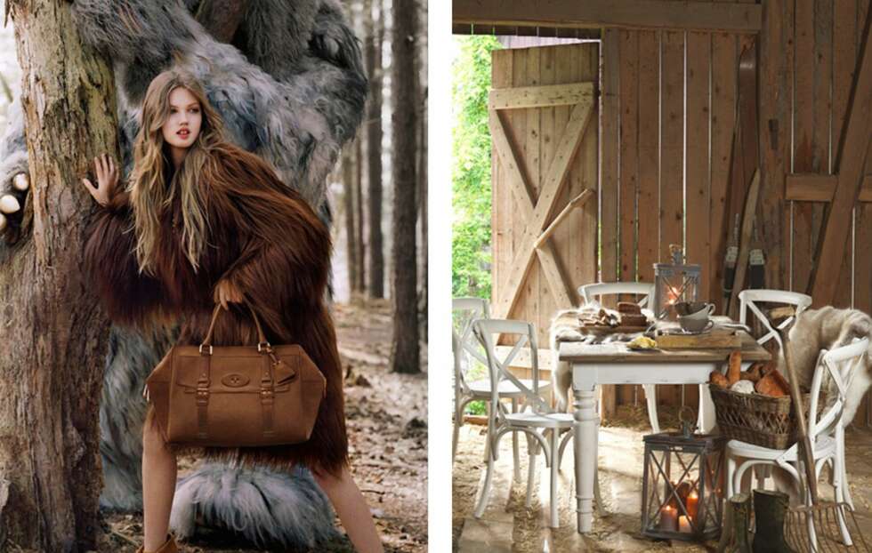 RØFT OG RUSTIKT: Røffe overflater, treverk, skinn og pels har vært en stor trend i interiøret lenge. På Mulberry sin røffe og litt ville, siste kampanje kan man trekke paralleller fra interiørtrenden og motetrenden. Bilde fra Mulberry og Skeidar RØFT OG RUSTIKT: Røffe overflater, treverk, skinn og pels har vært en stor trend i interiøret lenge. På Mulberry sin røffe og litt ville, siste kampanje kan man trekke paralleller fra interiørtrenden og motetrenden. Bilde fra Mulberry og Skeidar