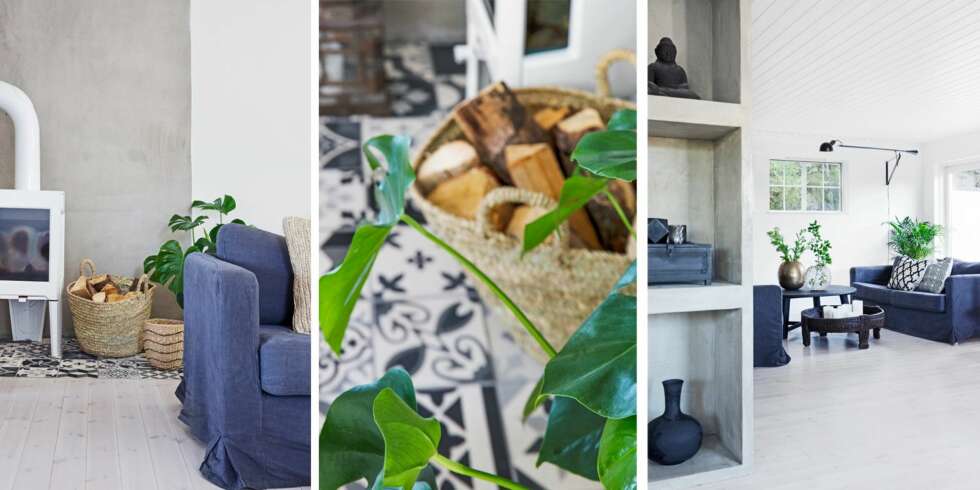 1. VARM KROK: Rundt ildstedet er det lagt fliser fra zocohome.com. Vedovnen i hjørnet er fra Jøtul, og kurvene er fra Tine K Home og Day Home. 2. Legg merke til den spennende løsningen med mønstrete fliser under ovnen. Flisene i svart og hvitt er vakre, samtidig som de avgrenser og har en funksjon rundt ildstedet. 3. I den forrige boligen hadde vi gulnet eikegulv og for meg ble det vanskelig å møblere, jeg ble ikke fornøyd uansett hva jeg gjorde, forteller eieren. Familien valgte å kjøpe lyst ferdigbehandlet furugulv fra norrlands.se. Karlstad sofa fra Ikea med lintrekk fra bernz.com mørkt stuebord fra House Doctor, keiserensnye.no, det er malt med svart kalkmaling fra L'authentique. Bordet ved siden av er fra Country Chic. Mindre sidebord fra Ox Denmarq, bohemiashop.no Lampe Flos 265 fra Illums Bolighus.Putene er fra Day Home og PB Home. 1. VARM KROK: Rundt ildstedet er det lagt fliser fra zocohome.com. Vedovnen i hjørnet er fra Jøtul, og kurvene er fra Tine K Home og Day Home. 2. Legg merke til den spennende løsningen med mønstrete fliser under ovnen. Flisene i svart og hvitt er vakre, samtidig som de avgrenser og har en funksjon rundt ildstedet. 3. I den forrige boligen hadde vi gulnet eikegulv og for meg ble det vanskelig å møblere, jeg ble ikke fornøyd uansett hva jeg gjorde, forteller eieren. Familien valgte å kjøpe lyst ferdigbehandlet furugulv fra norrlands.se. Karlstad sofa fra Ikea med lintrekk fra bernz.com mørkt stuebord fra House Doctor, keiserensnye.no, det er malt med svart kalkmaling fra L'authentique. Bordet ved siden av er fra Country Chic. Mindre sidebord fra Ox Denmarq, bohemiashop.no Lampe Flos 265 fra Illums Bolighus.Putene er fra Day Home og PB Home.