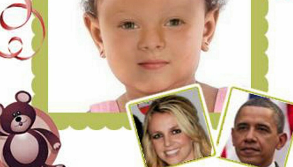 STJERNEBABY: Ifølge makemebabies.com ville datteren til Barack Obama og Britney Spears sett slik ut. Tror du det stemmer? Sjekk hvordan din fremtidige baby ville sett ut. STJERNEBABY: Ifølge makemebabies.com ville datteren til Barack Obama og Britney Spears sett slik ut. Tror du det stemmer? Sjekk hvordan din fremtidige baby ville sett ut.