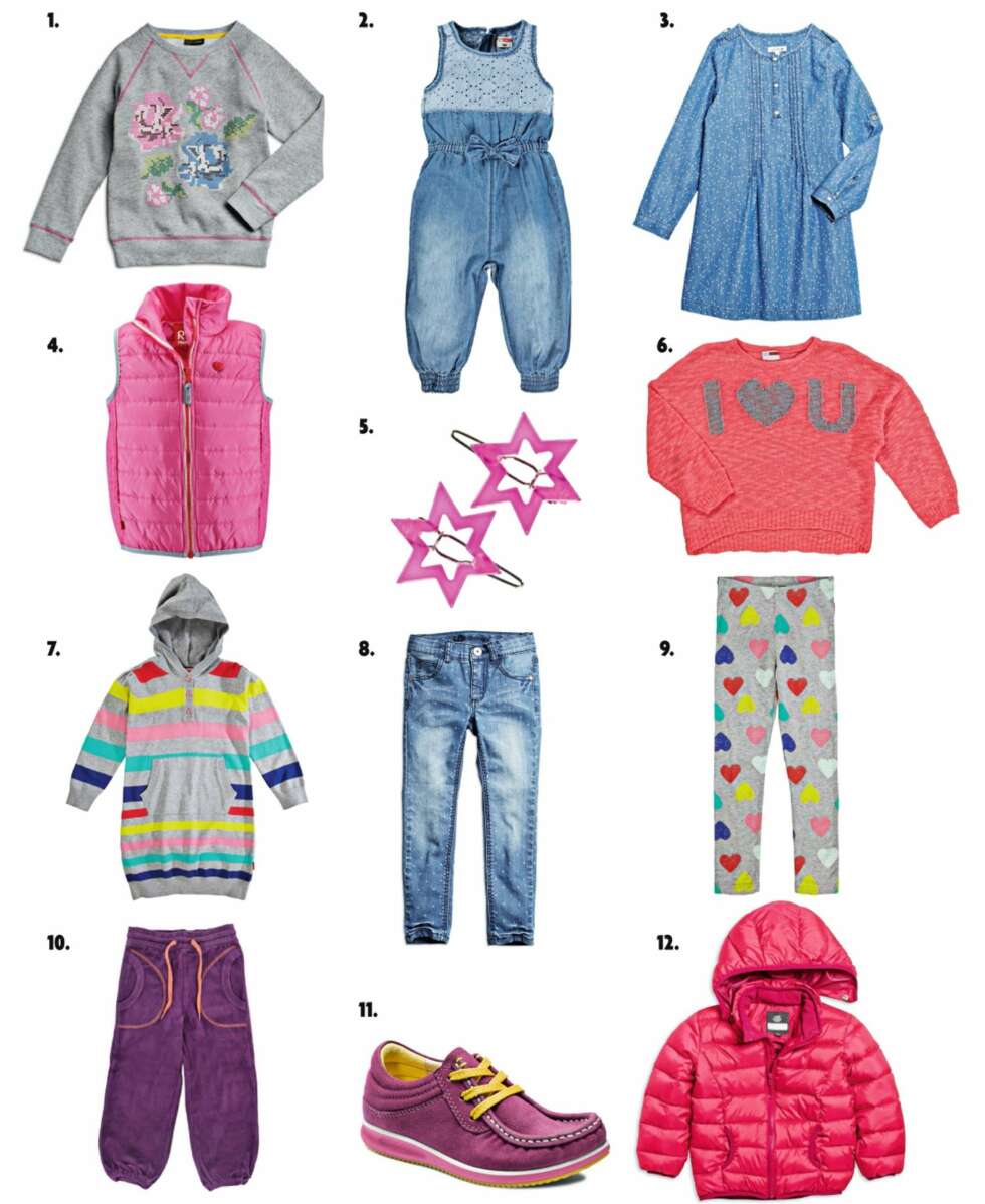 FEMININT: 1. Genser med blomstertrykk, kr 129, fra KappAhl. 2. Buksedress med knyting i livet, kr 199, fra Name It. 3. Myk denimkjole, kr 899, fra Lacoste. 4. Boblevest, kr 499, fra Reima. 5. Hårklips, kr 25, fra Name It. 6. Genser, kr 179, fra Name It. 7. Stripete kjolegenser med hette, kr 159, fra Name It. 8. Prikkete jeans, kr 229, fra KappAhl. 9. Hjertetights, kr 99, fra Name It. 10. Velurbukse, kr 319,
fra Katvig. 11. Skinnsko med ekstra myk såle, kr 899, fra Ecco. 12. Tynn dynejakke, kr 199, fra Lindex. FEMININT: 1. Genser med blomstertrykk, kr 129, fra KappAhl. 2. Buksedress med knyting i livet, kr 199, fra Name It. 3. Myk denimkjole, kr 899, fra Lacoste. 4. Boblevest, kr 499, fra Reima. 5. Hårklips, kr 25, fra Name It. 6. Genser, kr 179, fra Name It. 7. Stripete kjolegenser med hette, kr 159, fra Name It. 8. Prikkete jeans, kr 229, fra KappAhl. 9. Hjertetights, kr 99, fra Name It. 10. Velurbukse, kr 319,
fra Katvig. 11. Skinnsko med ekstra myk såle, kr 899, fra Ecco. 12. Tynn dynejakke, kr 199, fra Lindex.