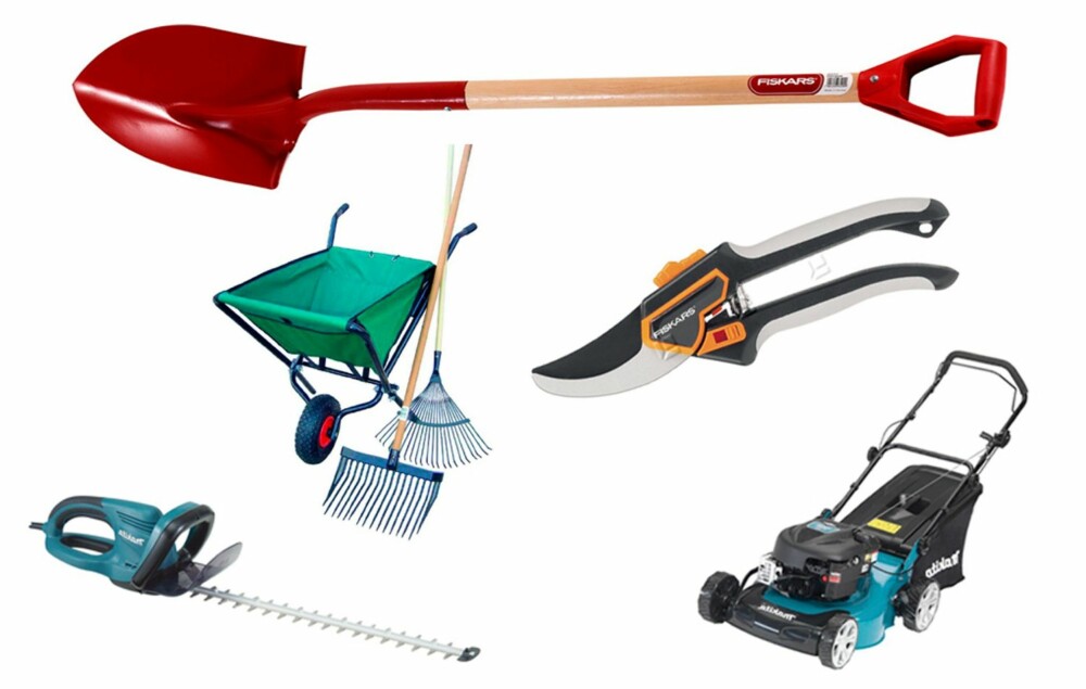 BASISPAKKEN: Stikkspade fra Fiskars, beskjæringssaks fra Fiskars , gressklipper fra Gardena, sammenleggbar trillebår og rake fra westernlife.no, og hekksaks fra Gardena. BASISPAKKEN: Stikkspade fra Fiskars, beskjæringssaks fra Fiskars , gressklipper fra Gardena, sammenleggbar trillebår og rake fra westernlife.no, og hekksaks fra Gardena.