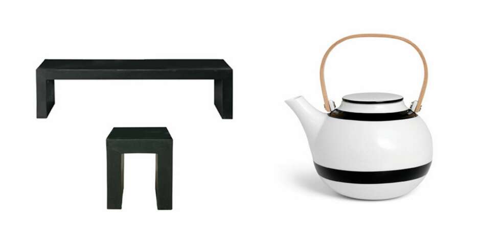 SVART OG HVITT: Benk og krakk i betong, kr 1399/3299, Bloomingville, og Omaggio tekanne i svart og hvitt, kr 799, Kähler//Illums. SVART OG HVITT: Benk og krakk i betong, kr 1399/3299, Bloomingville, og Omaggio tekanne i svart og hvitt, kr 799, Kähler//Illums.